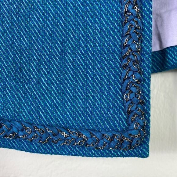 Rebecca Taylor Teal Silk Blend Tweed Chain Accent Blazer Jacket - Picture 5 of 9